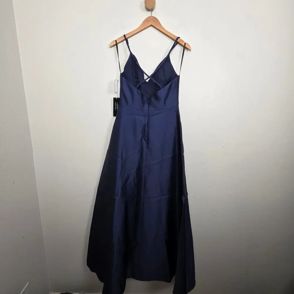 NWT Alfred Sung D750 V-Neck Full Skirt Satin Maxi Dress Midnight Blue 8 - Picture 9 of 10